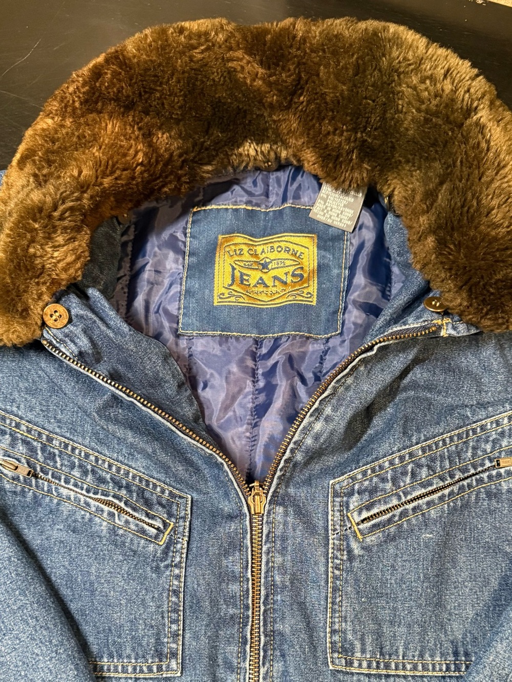 Vintage Liz Claiborne Women's Large Lined Denim Jacket Coat Faux Fur Collar